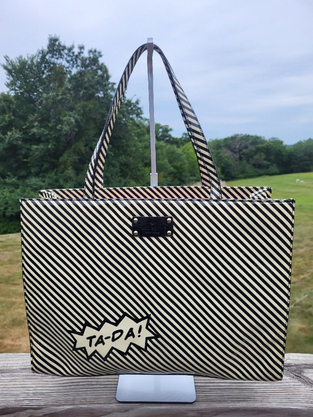 Kate Spade Ta Da! Vintage Black & Cream Striped Tote